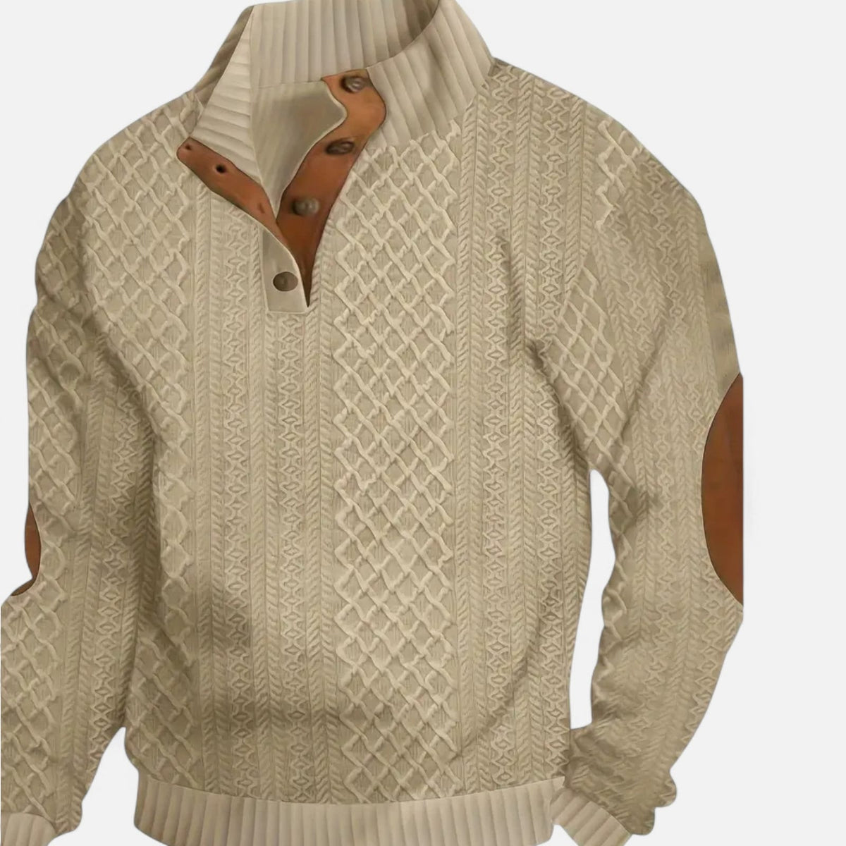 Cable Knit Sweater for Men, Button Collar Jumper with Patches 6