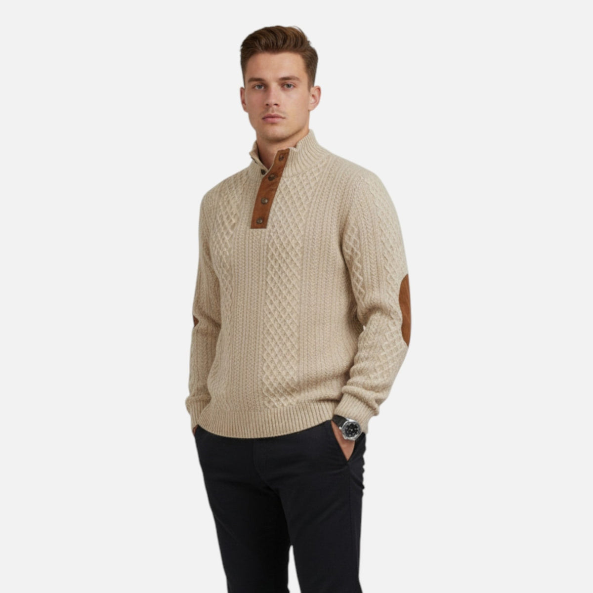 Cable Knit Sweater for Men, Button Collar Jumper with Patches 7