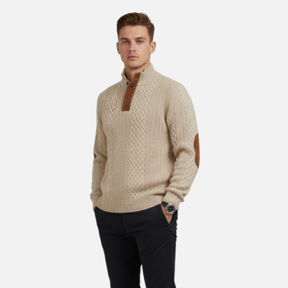 Cable Knit Sweater for Men, Button Collar Jumper with Patches 7