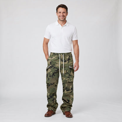 Green camouflage cargo trousers with zippered pockets
