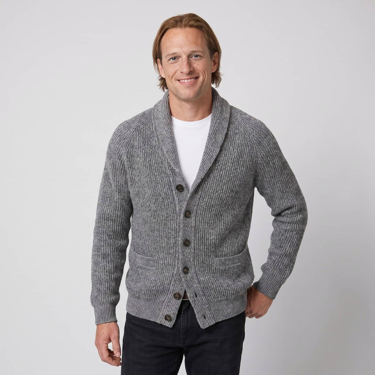 Grey shawl collar button front rib knit cardigan