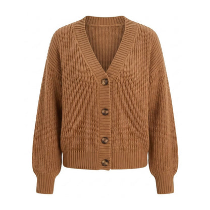 Camel chunky knit button cardigan with V-neck and ribbed cuffs