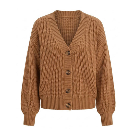 Camel chunky knit button cardigan with V-neck and ribbed cuffs