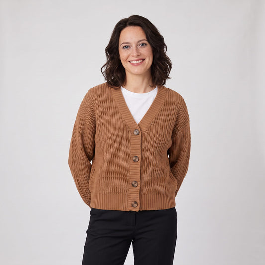 Woman wearing the chunky knit button cardigan with v neck and ribbed cuffs