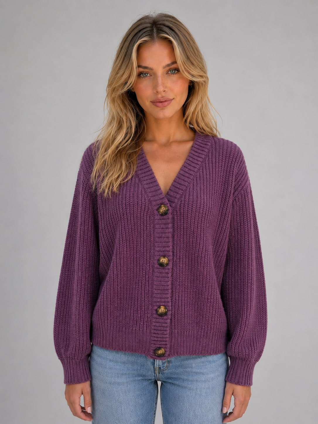 Model wearing the plum chunky knit cardigan buttoned, front view