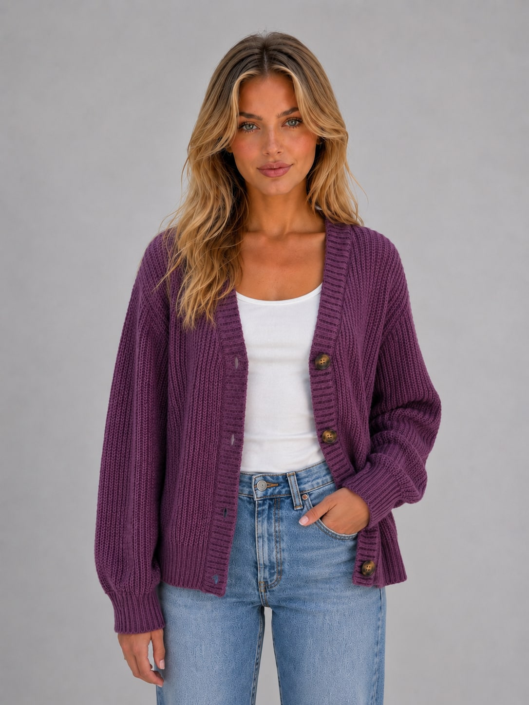 Plum V-neck cardigan worn open over a white top