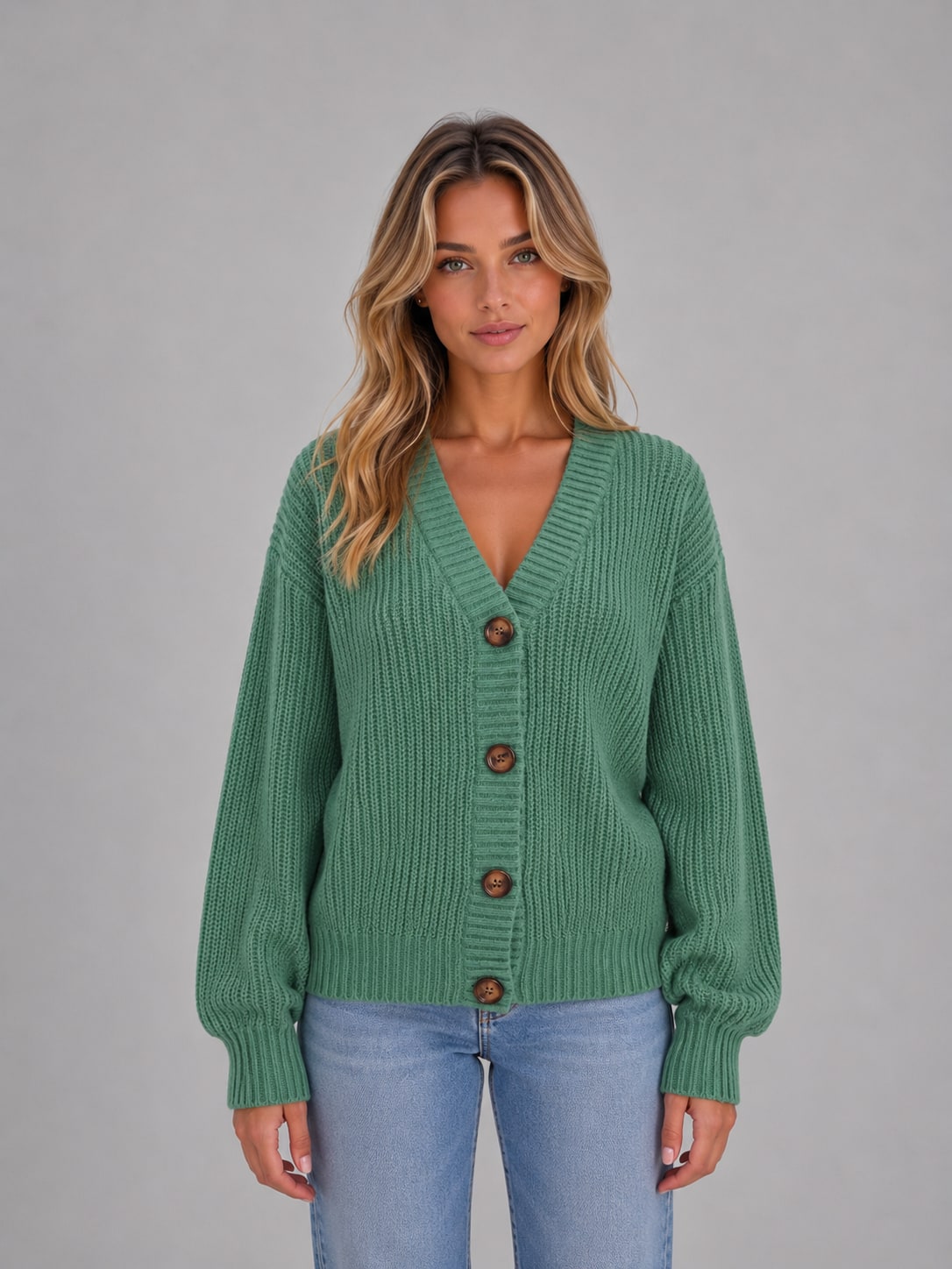 Model wearing the sage green ribbed cardigan with button front