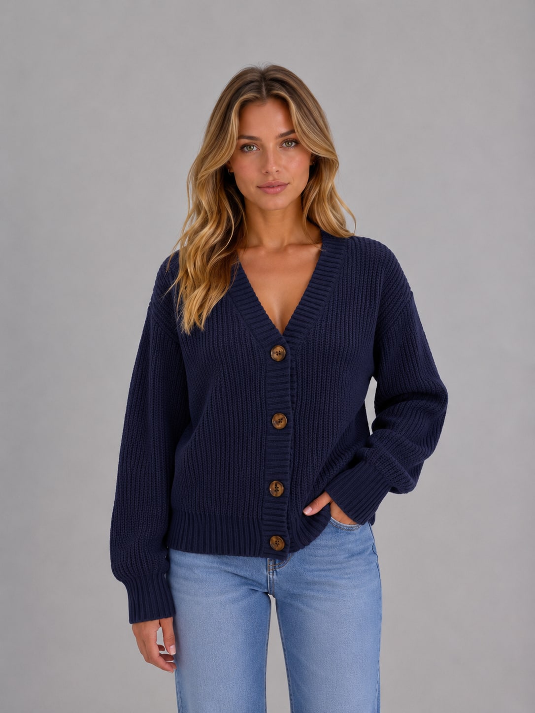 Model wearing the navy chunky knit V-neck cardigan