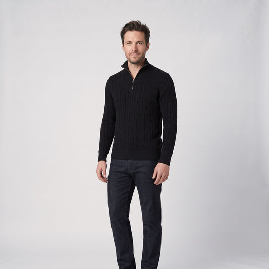 Men's Quarter Half Zip Jumper, Classic Cable Knit with Zip Collar