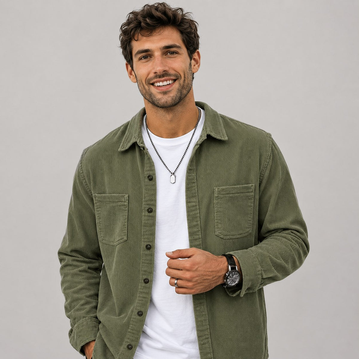 Men's Corduroy Overshirt with Lapel Collar and Chest Pockets 6
