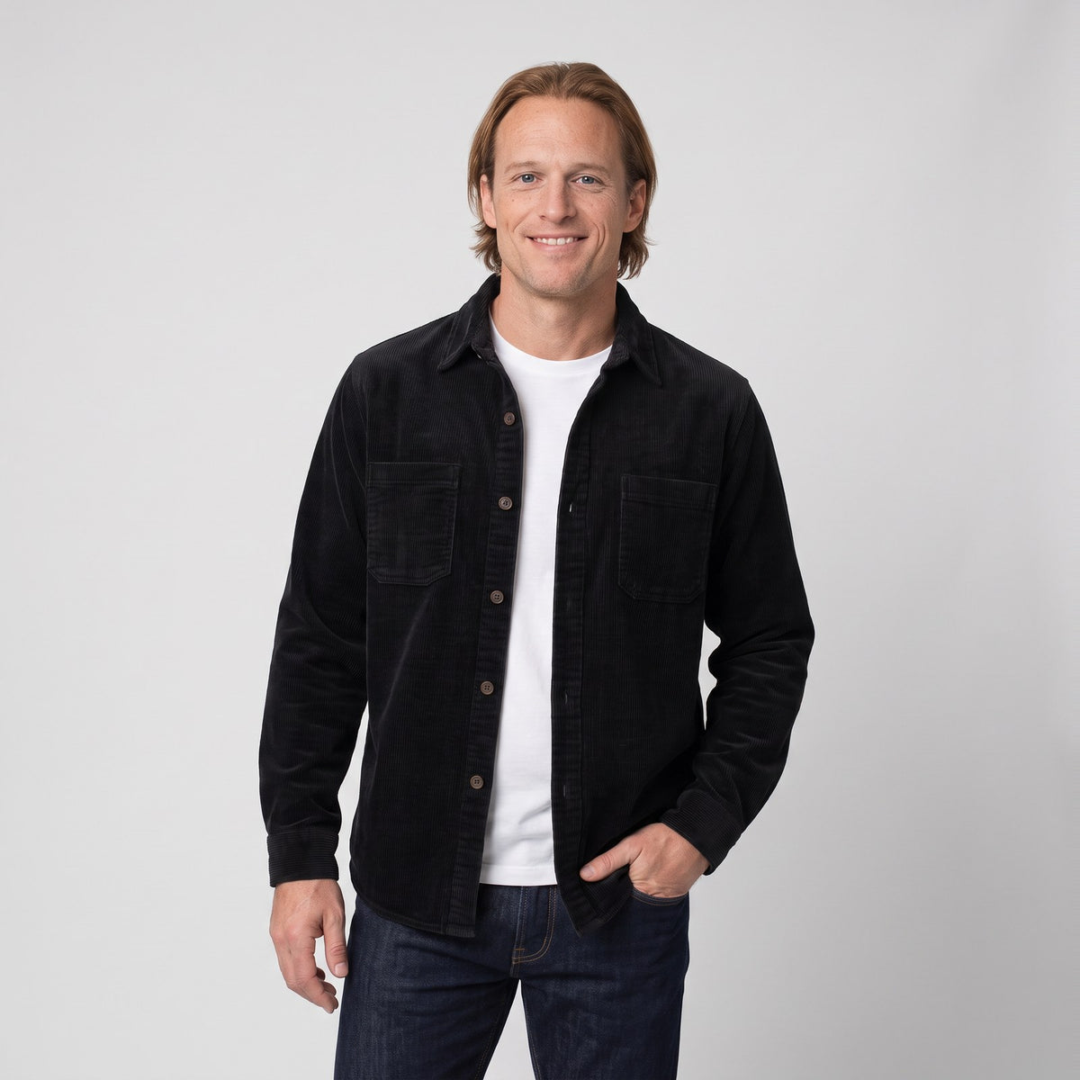 Man wearing the classic corduroy overshirt with lapel collar