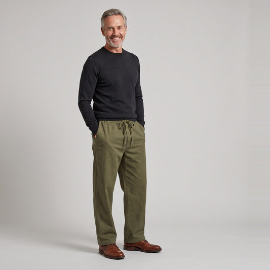 Man wearing the classic wide leg trousers with drawstring waist