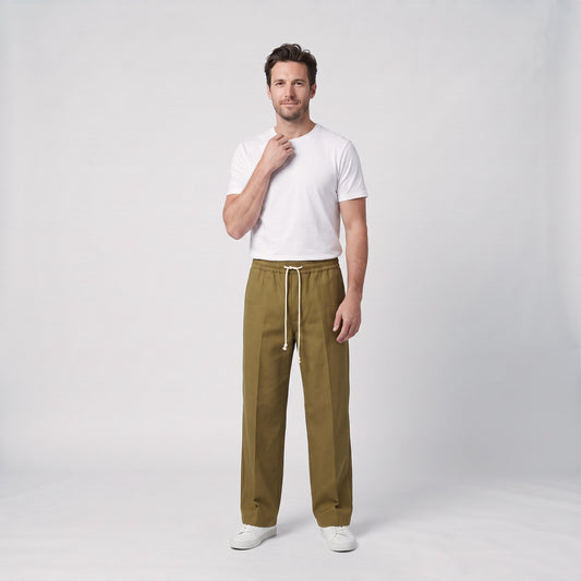 Classic Wide Leg Trousers with Drawstring Waist and Pressed Crease