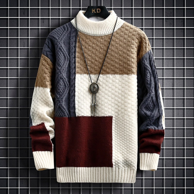 Men's colour block cable knit pullover in burgundy with cream, tan and navy panels