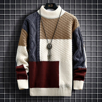 Men's colour block cable knit pullover in burgundy with cream, tan and navy panels
