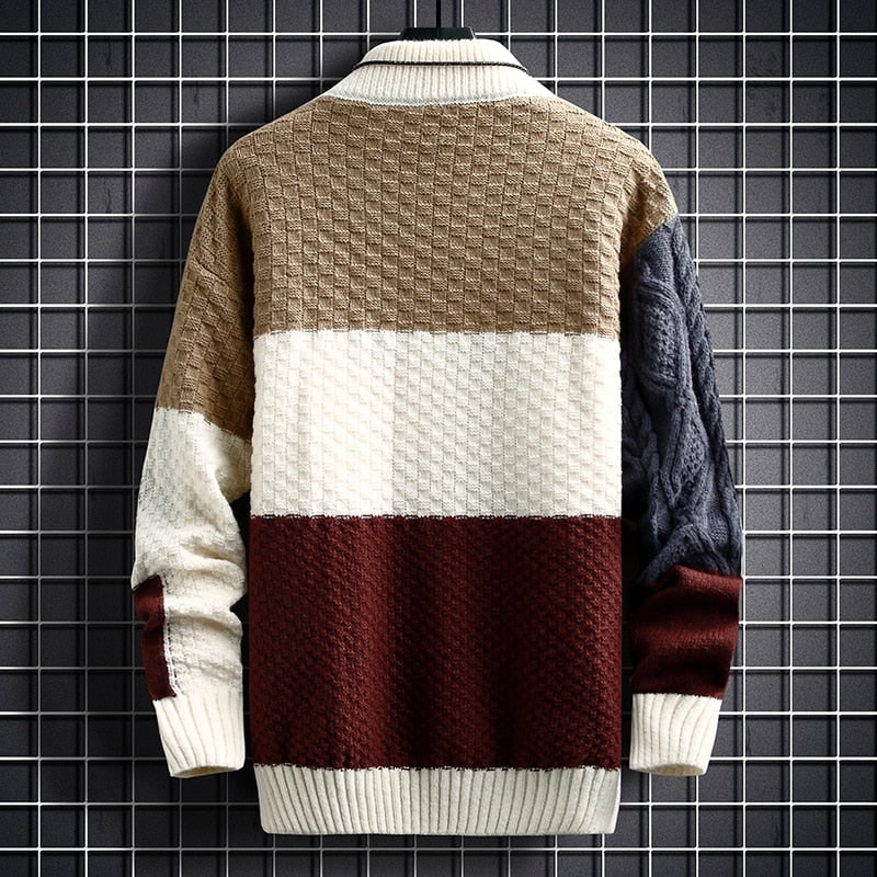 Men's colour block knit pullover with tan, cream and burgundy panels