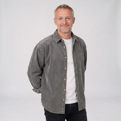 Grey corduroy overshirt with pointed collar and button front