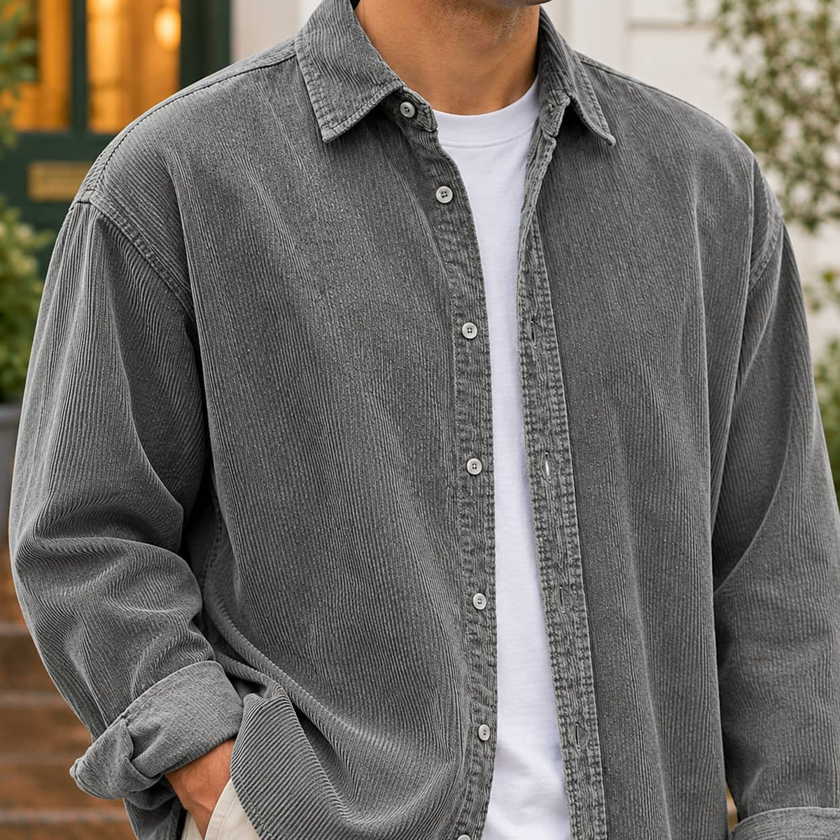 Grey corduroy overshirt, close up of the collar and button front