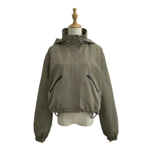 Cropped hooded rain jacket for women in olive green, water-resistant with slanted zip pockets