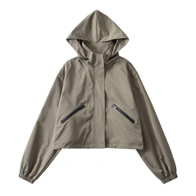 Short Women's Raincoat with Hood, Cropped Boxy Rain Jacket with Slanted Zip Pockets