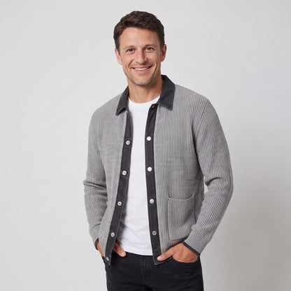 Denim Cardigan, Knit Cardigan with Contrast Trim for Men 1