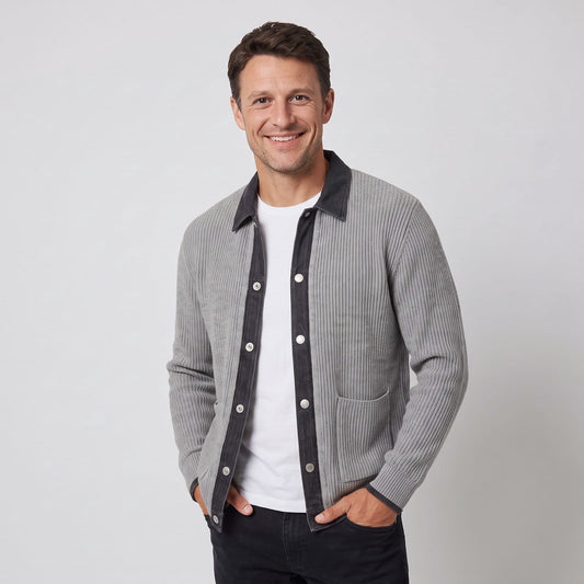 Denim Cardigan, Knit Cardigan with Contrast Trim for Men 1