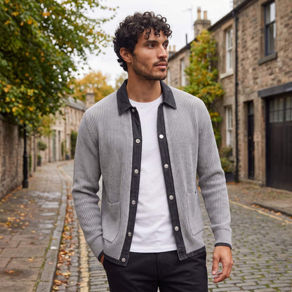 Denim Cardigan, Knit Cardigan with Contrast Trim for Men 3
