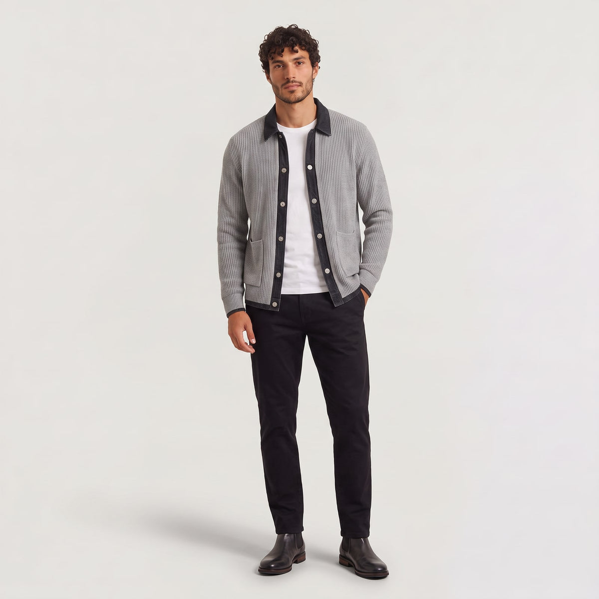 Denim Cardigan, Knit Cardigan with Contrast Trim for Men 4