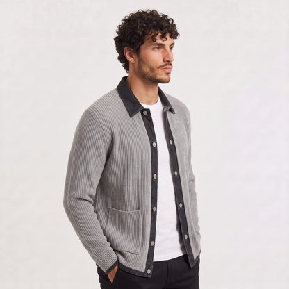 Denim Cardigan, Knit Cardigan with Contrast Trim for Men 5