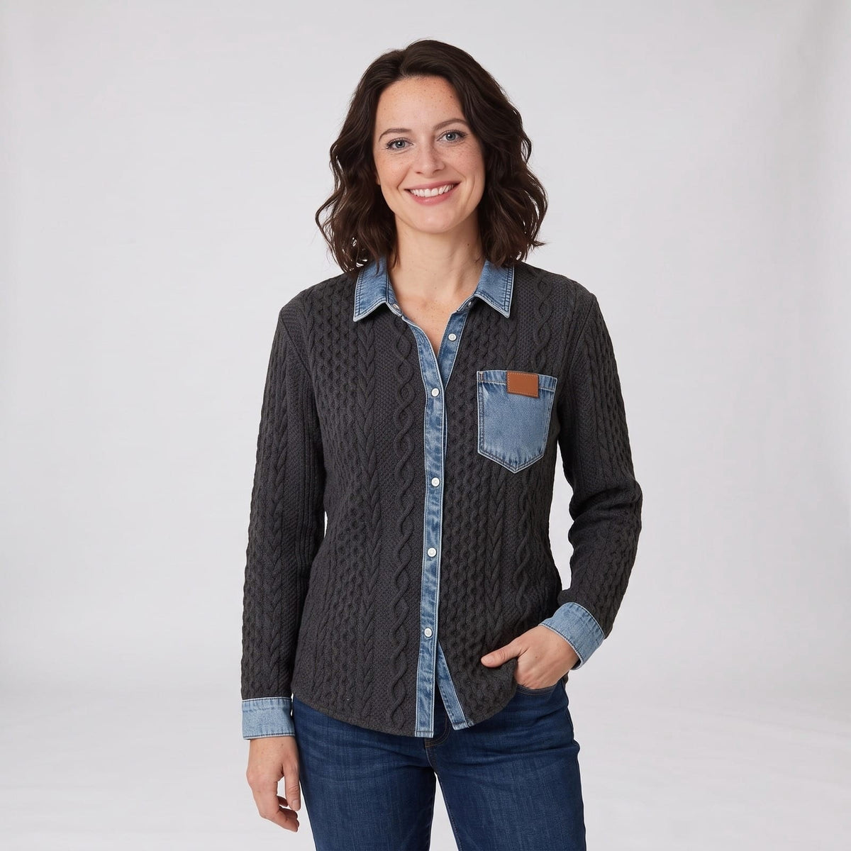 Denim Shirt, Knit Shirt with Button Front for Women 1