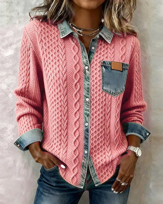 Denim Shirt, Knit Shirt with Button Front for Women 2