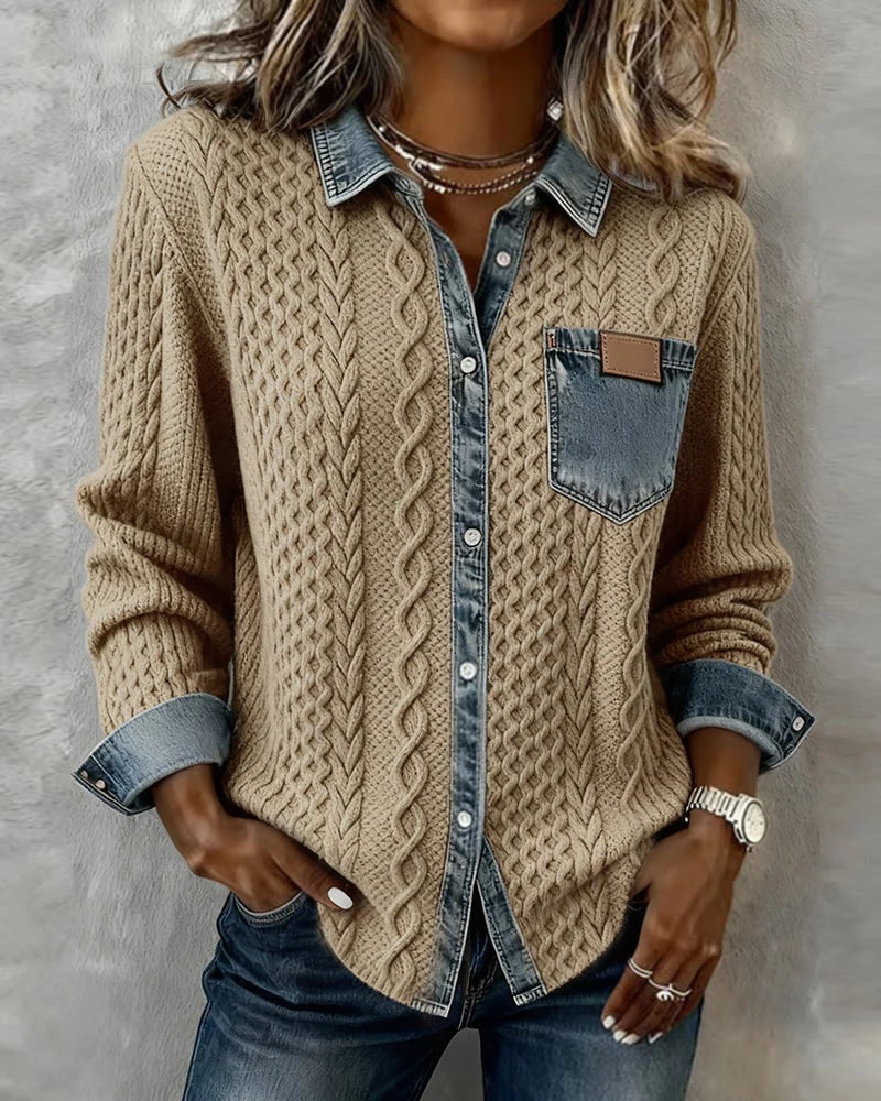 Denim Shirt, Knit Shirt with Button Front for Women 3