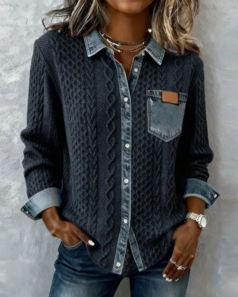 Denim Shirt, Knit Shirt with Button Front for Women 4
