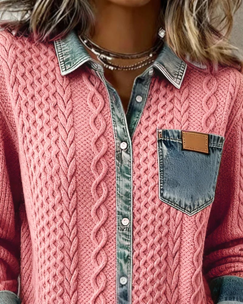 Denim Shirt, Knit Shirt with Button Front for Women 7