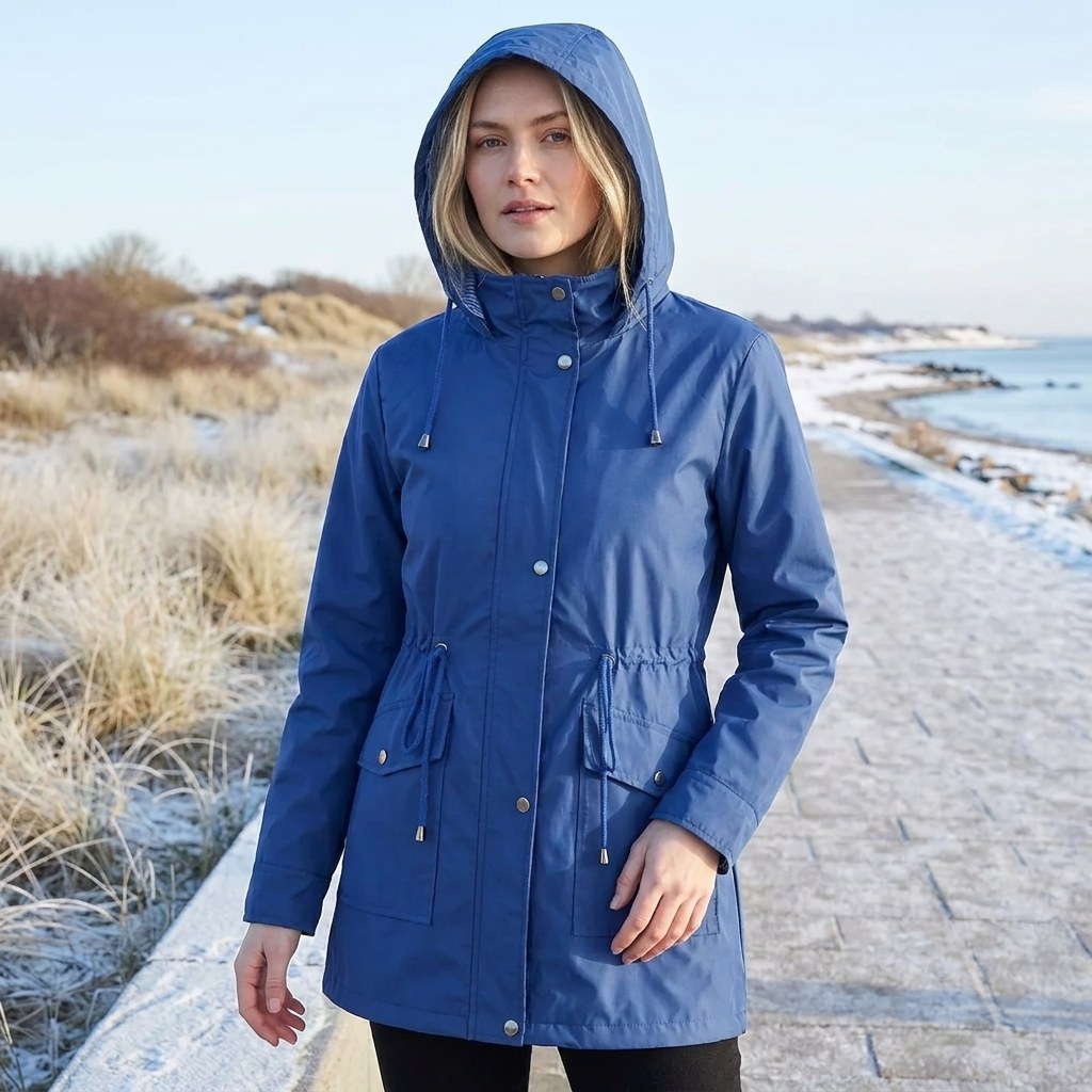 Blue drawstring waist hooded parka worn with the hood up