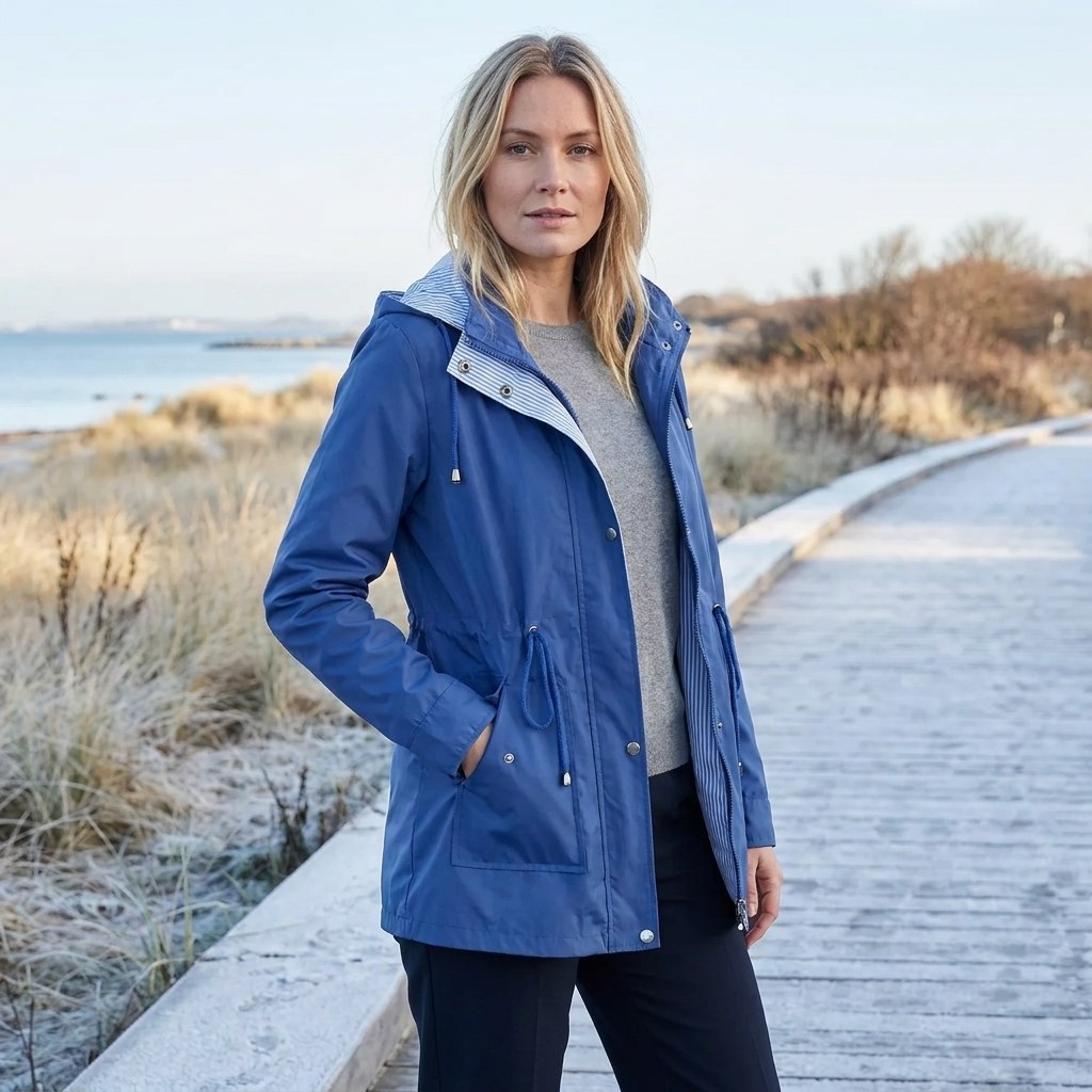 Blue drawstring waist hooded parka, side view