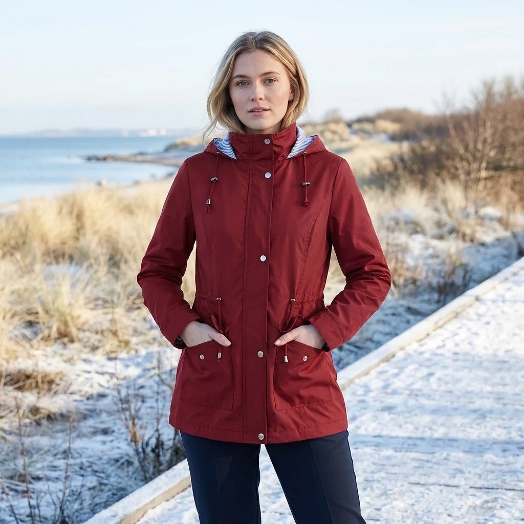 Burgundy drawstring waist hooded parka worn outdoors