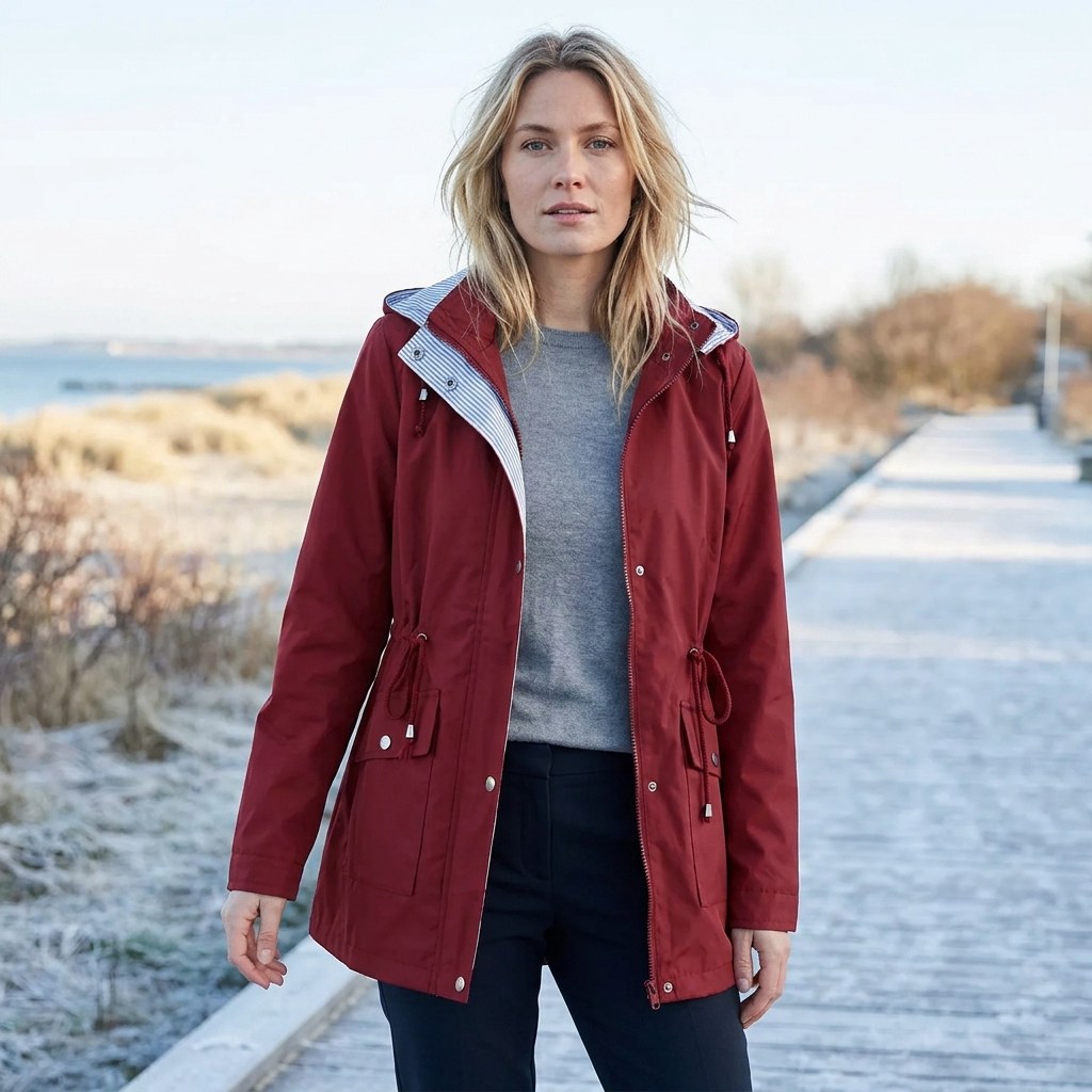 Burgundy drawstring waist hooded parka worn open