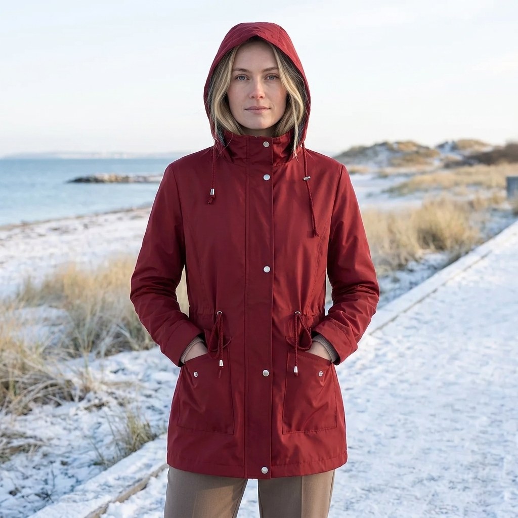 Burgundy drawstring waist hooded parka worn with the hood up