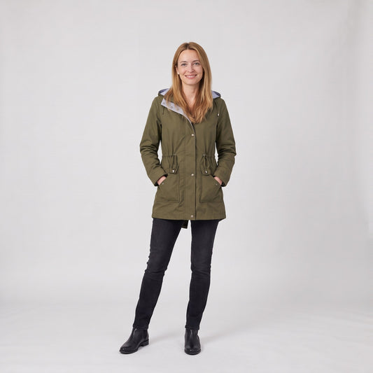 Woman wearing the drawstring waist hooded parka