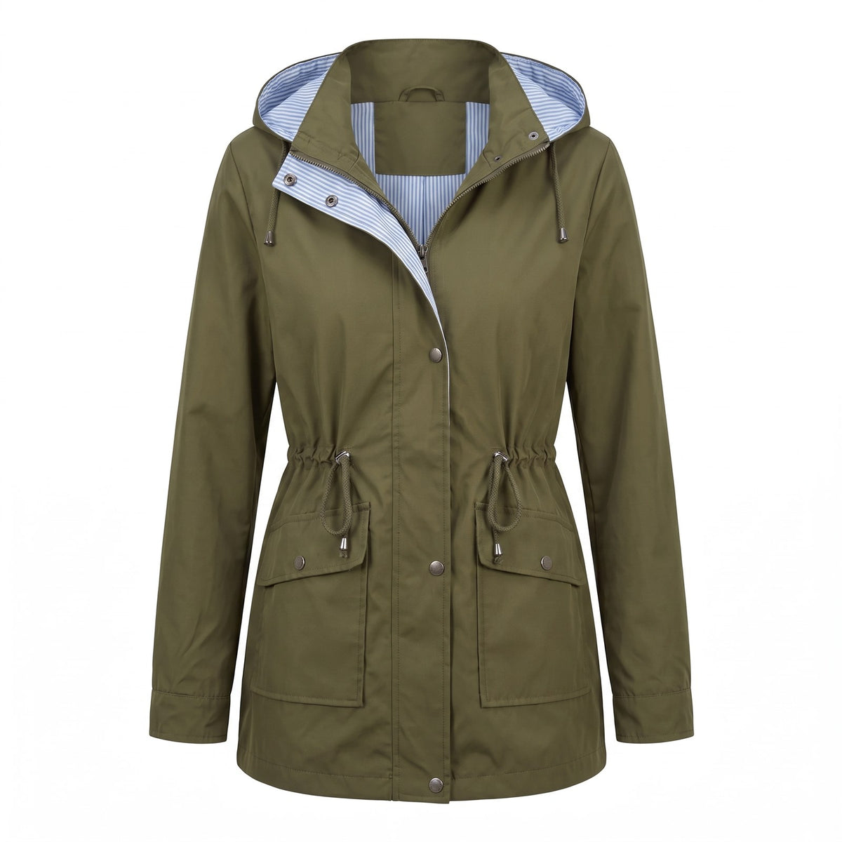 Olive green drawstring waist hooded parka, front view