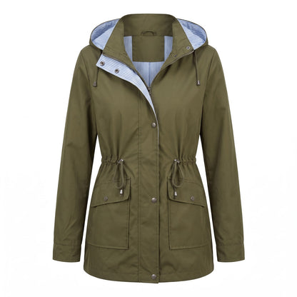 Olive green drawstring waist hooded parka, front view