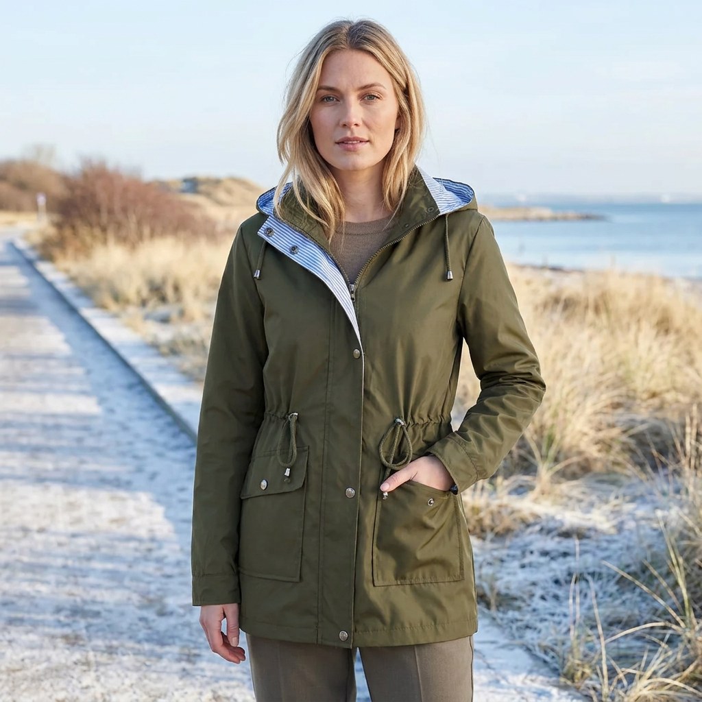Olive green drawstring waist hooded parka worn outdoors, front view