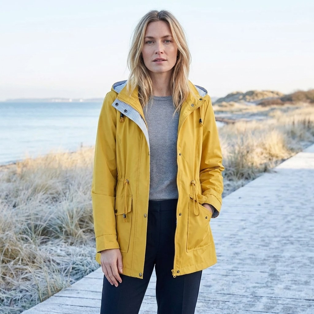 Yellow drawstring waist hooded parka worn open