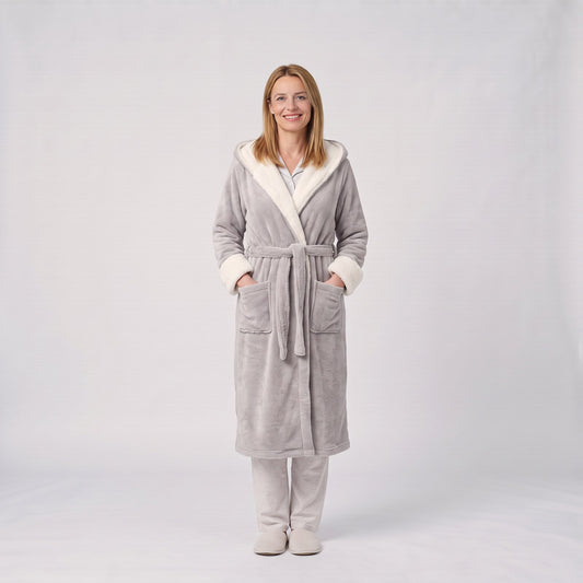 Woman wearing the hooded fleece dressing gown with sherpa trim
