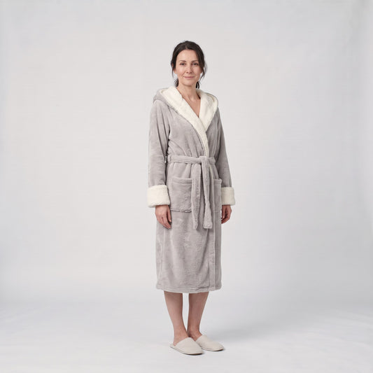 Dressing Gown Hooded Fleece Bathrobe with Sherpa Trim