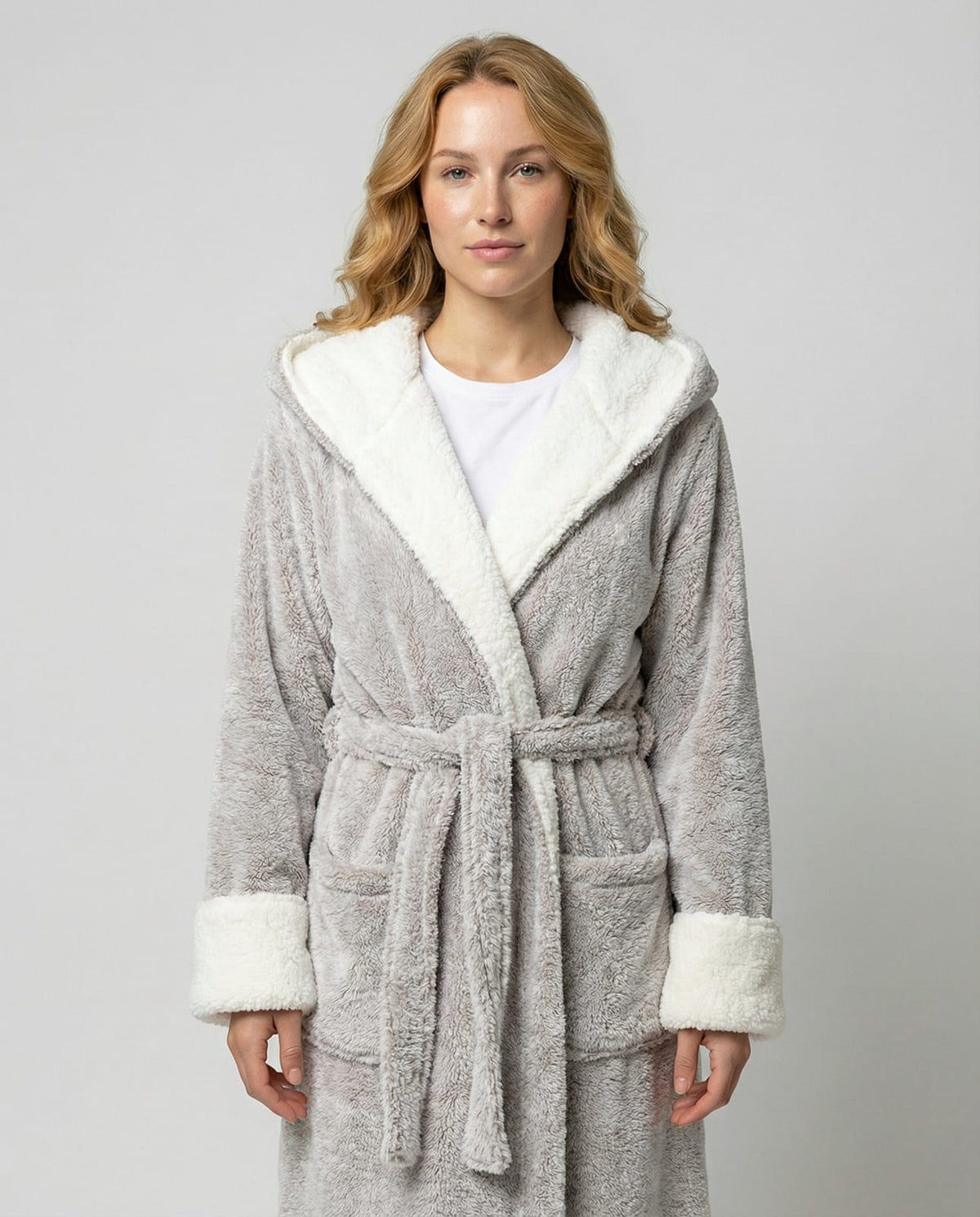 Hooded Fleece Dressing Gown for Women with Sherpa Trim 3
