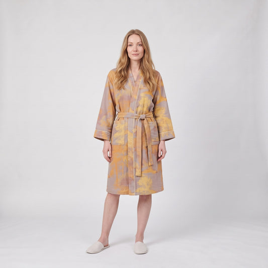 Dressing Gown Kimono Style Cotton Bathrobe with Botanical Print