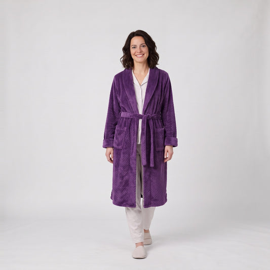 Woman wearing the long plush fleece dressing gown with shawl collar