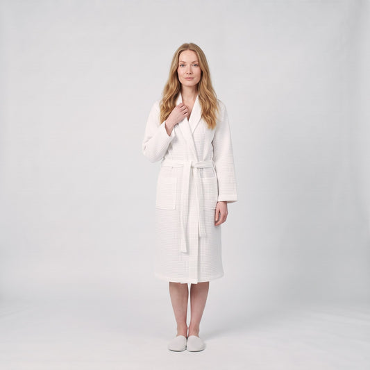 Dressing Gown Unisex Waffle Bathrobe with Shawl Collar and Belt